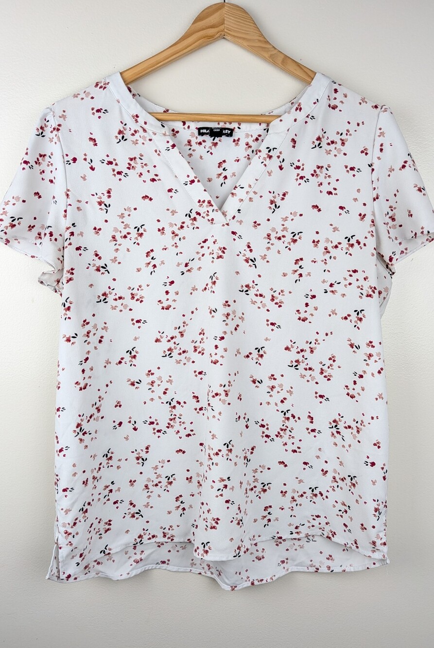 Hilary Radley White Floral Vneck Short Sleeve Dress Blouse Relaxed M Dressy